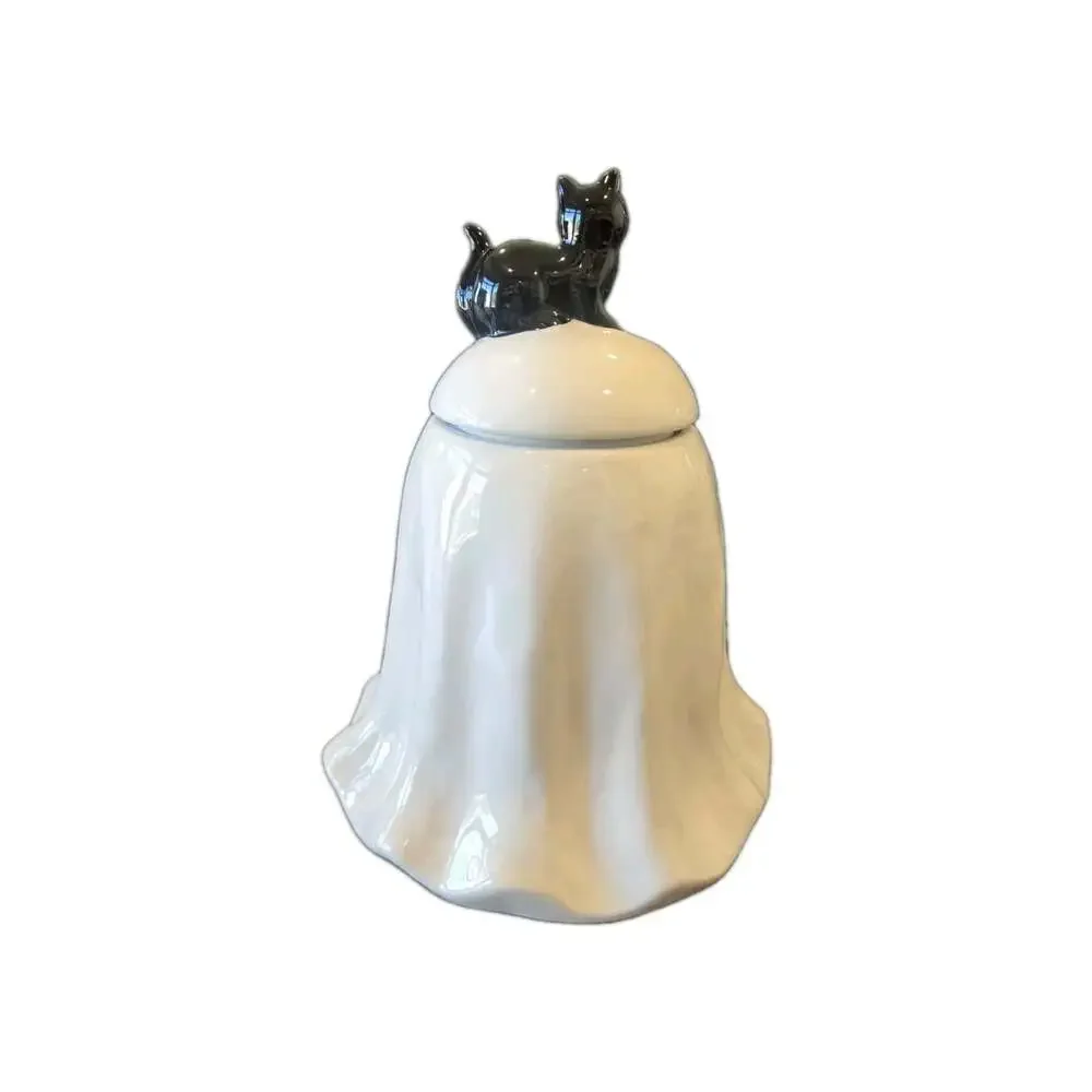New Halloween WHITE Ghost W/ Black Cat On Head Holiday Cookie Jar Kitchen